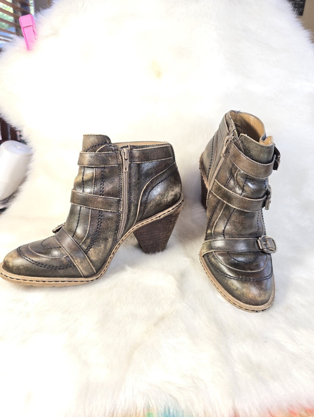 Schuler & Sons Side Zip Triple Buckle Heel Distressed Ankle Boot - Picture 2 of 16